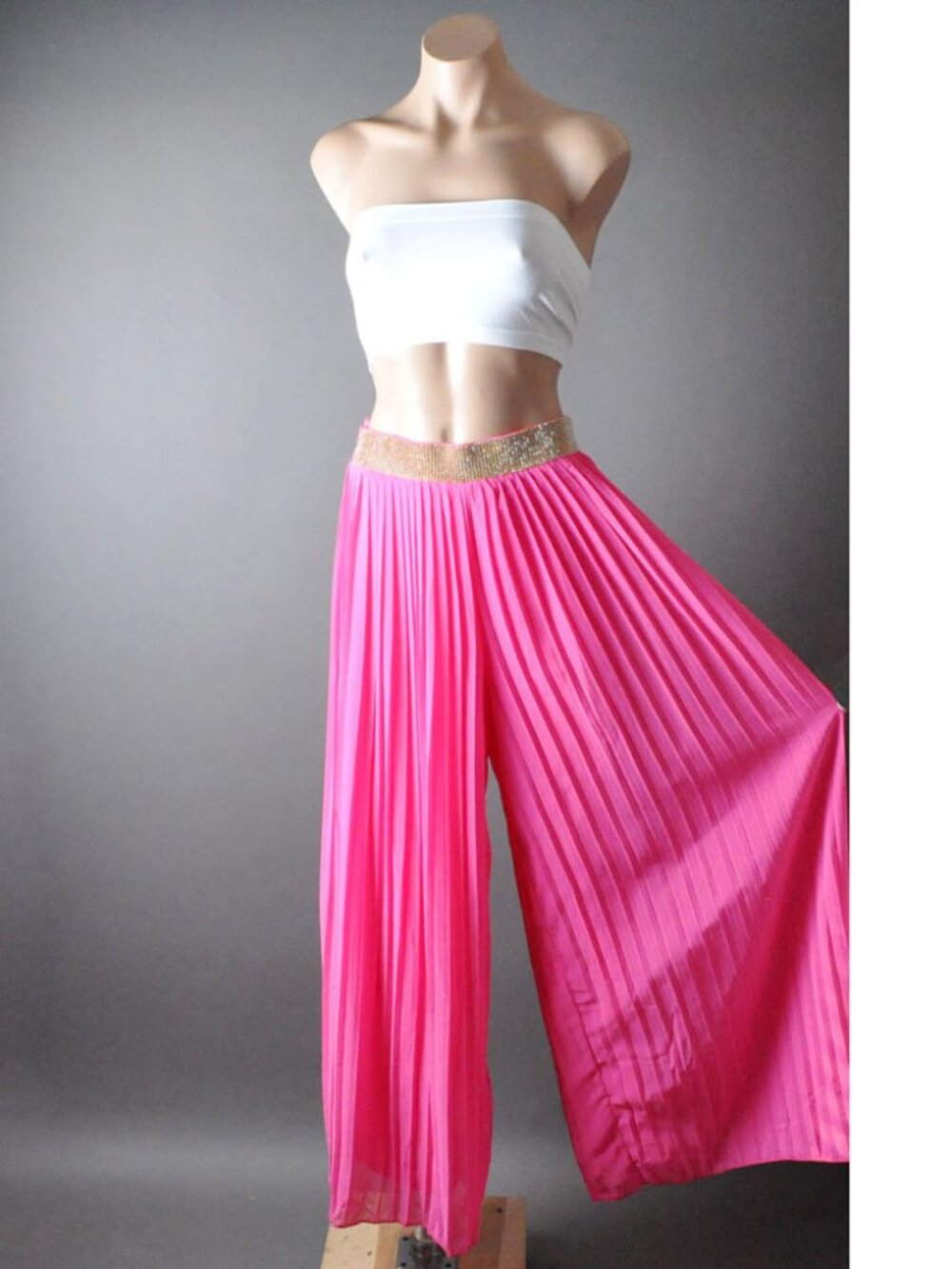 Rhinestone Fuchsia Pink Formal Women Wide Leg Palazzo Casual Trousers Pants